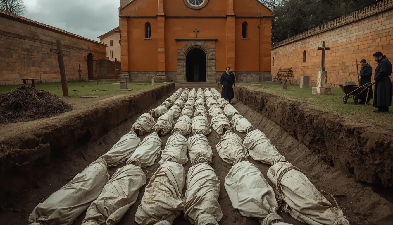 Las grandes fosas comunes abiertas en el cementerio de una iglesia florentina: los cadáveres apilados por capas y cubiertos con una fina capa de tierra, «como se estiba la mercancía en la bodega de un barco», en palabras del cronista Boccaccio.