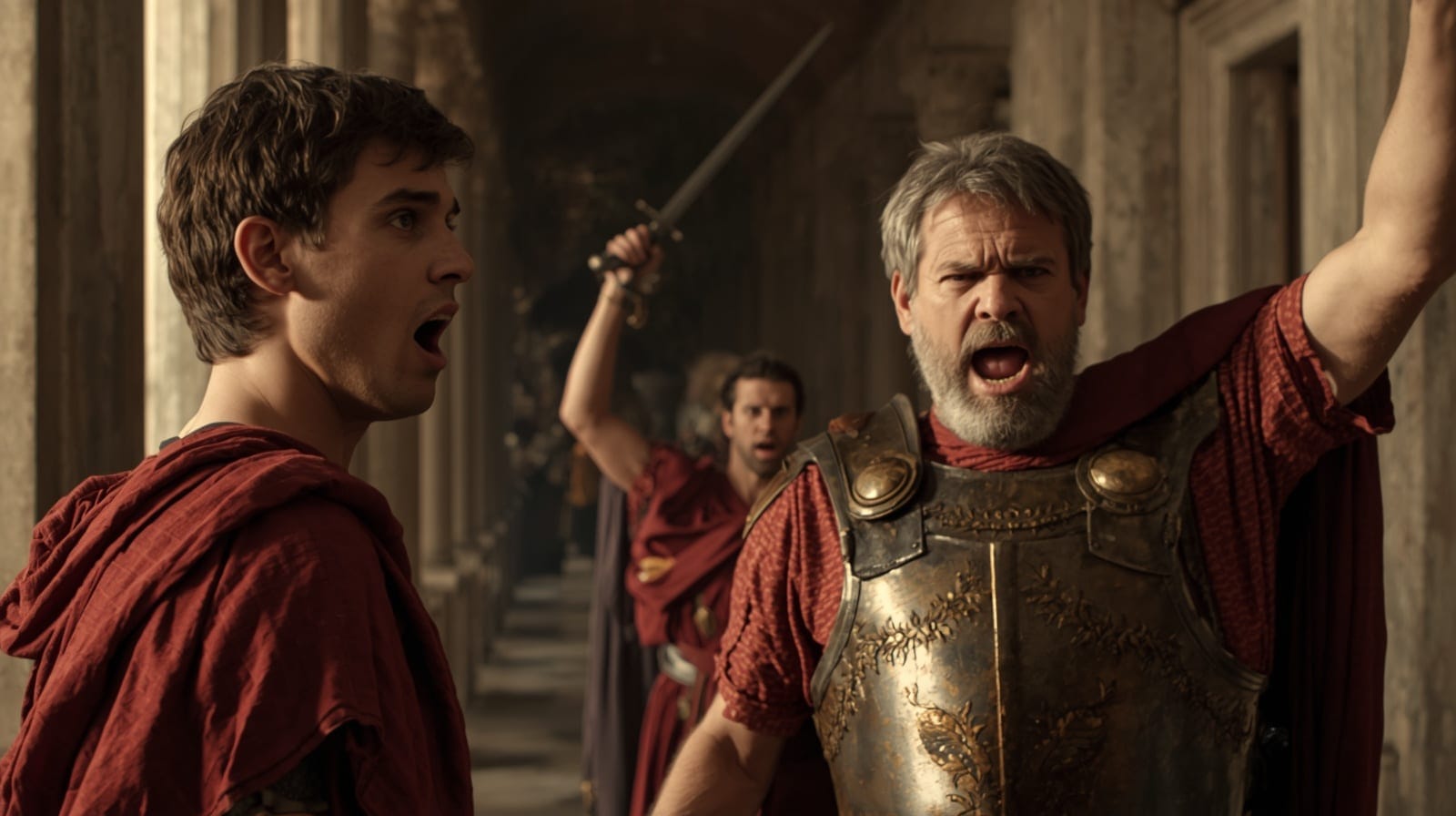 Casio Querea, tribuno de cohorte pretoriana, descarga el primer golpe al grito de "¡Recibe una prueba de la cólera de Júpiter!". Roma, hora séptima del 24 de enero del 41.