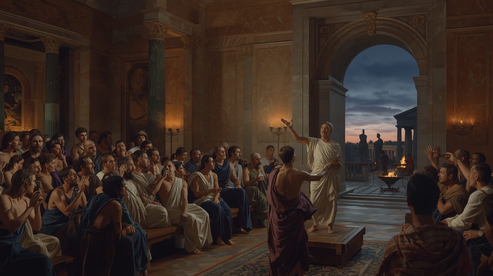 El Senado se reúne de urgencia en el Capitolio (no en la sala Julia, por su nombre dinástico) para discutir el restablecimiento de la república. Roma, atardecer del 24 de enero del 41.