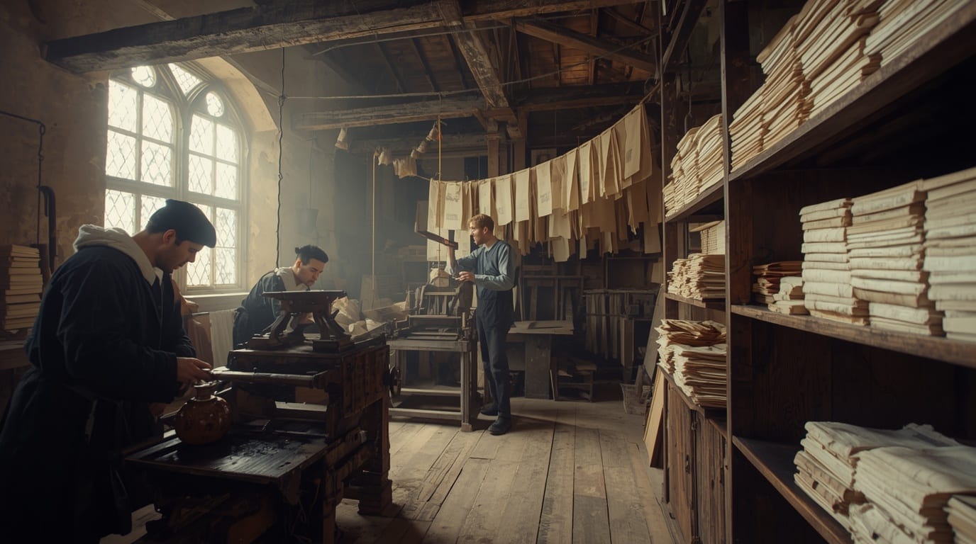 La officina del impresor Johannes Petreius en Núremberg durante la tirada del De Revolutionibus, primavera de 1543. Oficiales tirando del rodillo, cajistas componiendo tablas de cosenos, prensa de tornillo en plena cala.