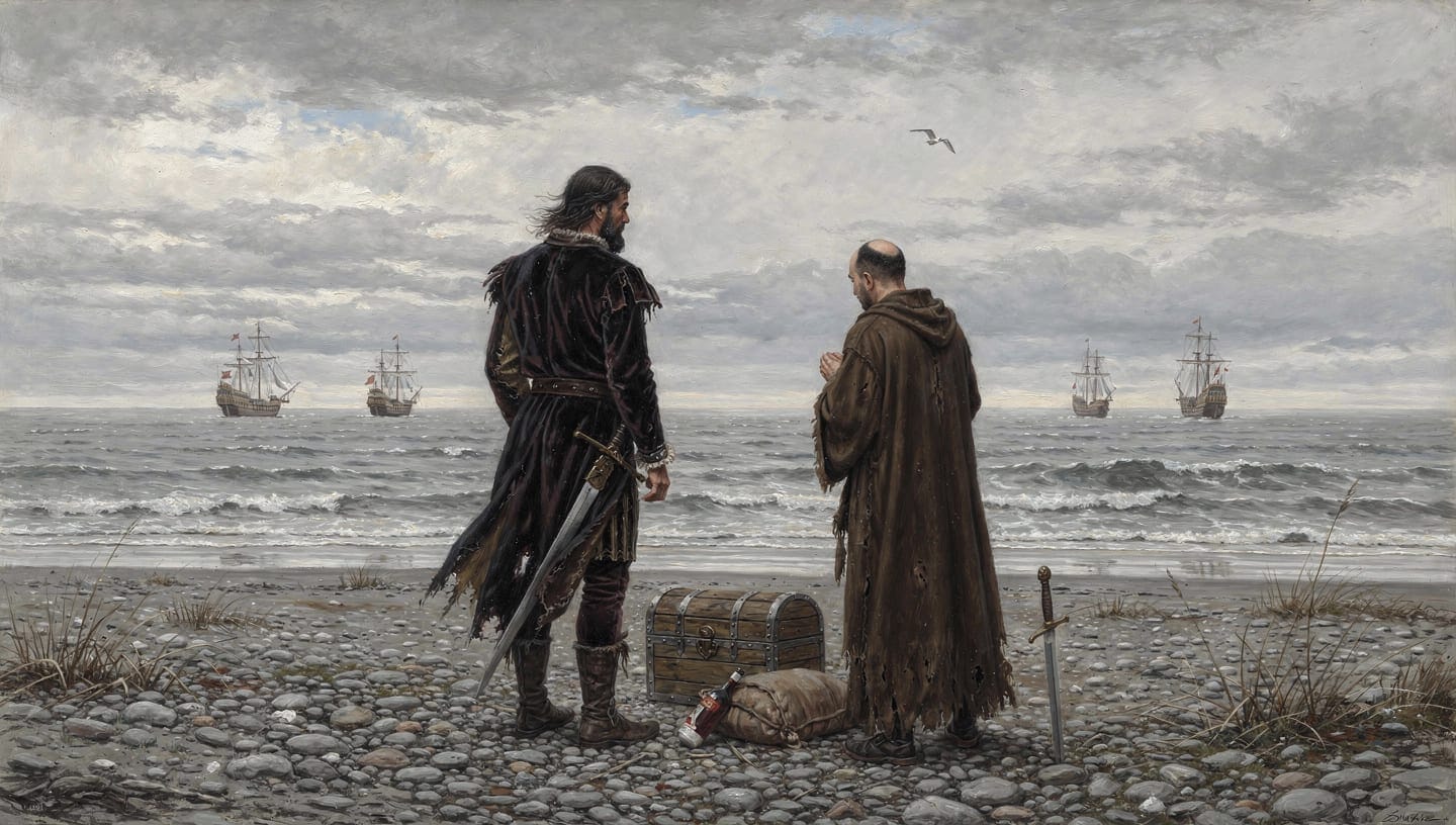 Juan de Cartagena y el capellán Pero Sánchez de Reina, abandonados en la costa patagónica el 11 de agosto de 1520, ven zarpar la flota de Magallanes hacia el sur.