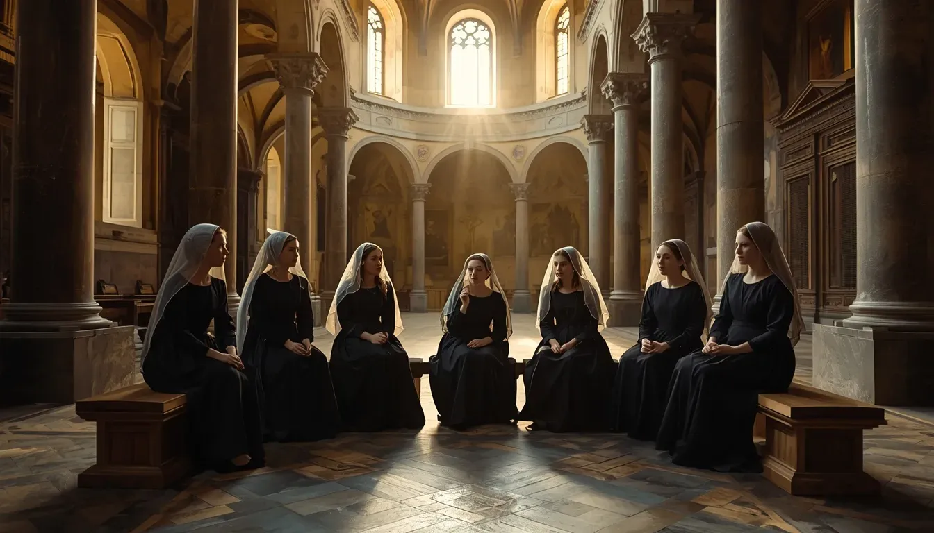 Siete damas jóvenes, en luto, reunidas en un rincón de la iglesia de Santa Maria Novella tras la misa, deliberando huir de la ciudad apestada hacia una villa en las colinas de Fiesole.