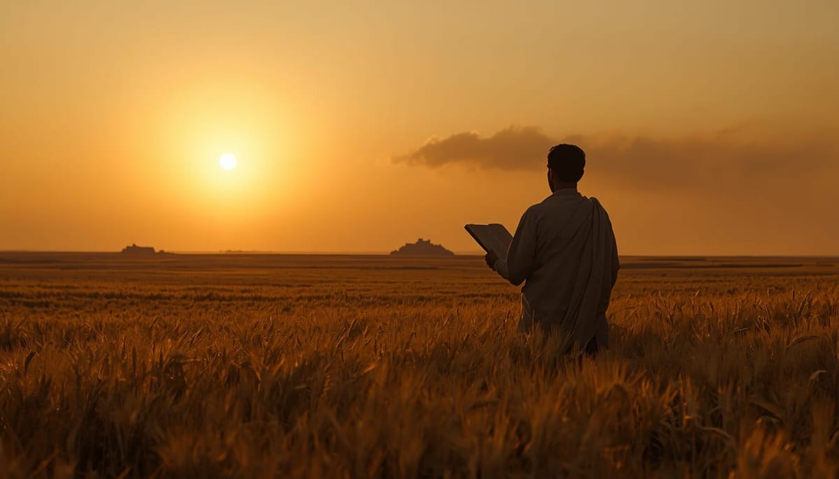Un hombre, de espaldas, observa el horizonte en un campo de cebada de la llanura mesopotámica al atardecer, con una tablilla en la mano
