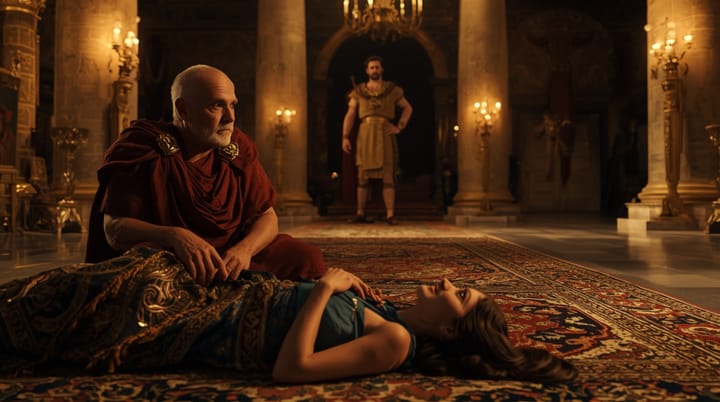 ¡Escándalo en el Nilo! La Reina Cleopatra, enrollada en una alfombra, se cuela en los aposentos de César