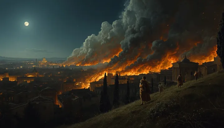 Vista nocturna de la antigua Roma en llamas: el valle del Circo Máximo ardiendo bajo una luna llena mientras siluetas de ciudadanos huyen ladera arriba cargando enseres.
