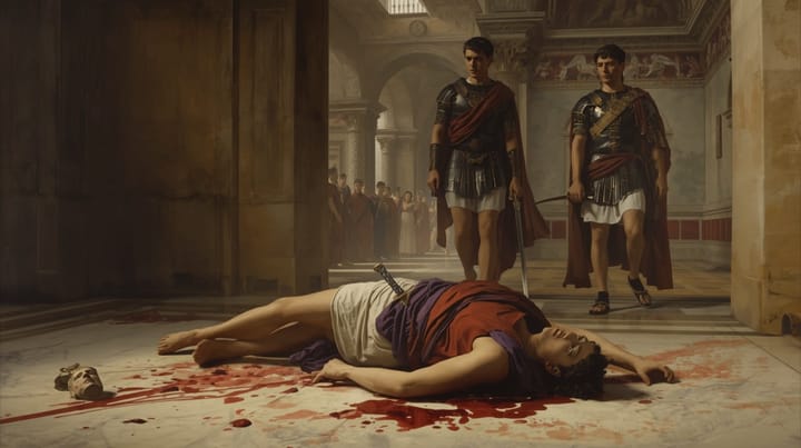El cuerpo del emperador Calígula tras treinta puñaladas en una bóveda del Palatino, con dos tribunos pretorianos retirándose y niños asiáticos paralizados al fondo.