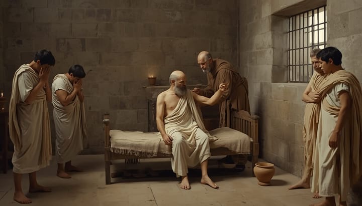 Sócrates sentado en un camastro de la prisión ateniense rodeado por tres discípulos jóvenes, mientras un carcelero le entrega una copa de barro con cicuta.