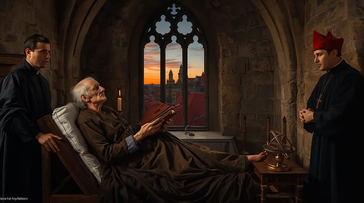 Anciano canónigo postrado en cama de alcoba gótica, sosteniendo con la mano izquierda un libro grande de cuero mientras un discípulo lo observa junto a la ventana al atardecer.