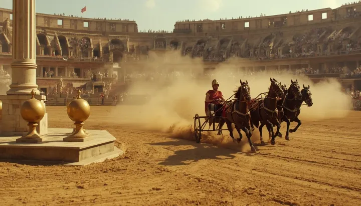 Auriga romano con túnica roja guiando una cuadriga de cuatro caballos al galope en el giro cerrado de la meta del Circo Máximo, multitud al fondo en las gradas.