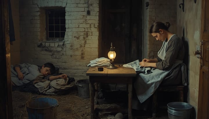 Mujer cosiendo a la luz de una lámpara de aceite en un sótano del East End de Londres en 1850, con su hijo durmiendo sobre un montón de paja en el rincón.