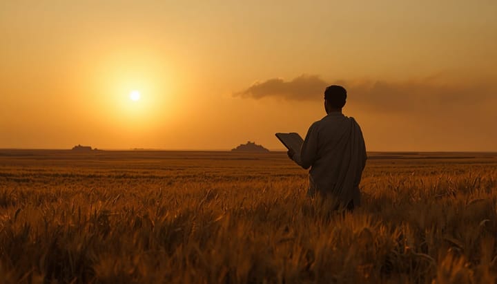 Un hombre, de espaldas, observa el horizonte en un campo de cebada de la llanura mesopotámica al atardecer, con una tablilla en la mano