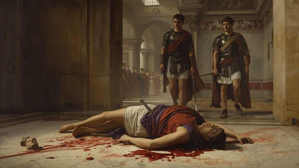 El cuerpo del emperador Calígula tras treinta puñaladas en una bóveda del Palatino, con dos tribunos pretorianos retirándose y niños asiáticos paralizados al fondo.