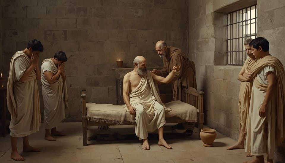 Sócrates sentado en un camastro de la prisión ateniense rodeado por tres discípulos jóvenes, mientras un carcelero le entrega una copa de barro con cicuta.